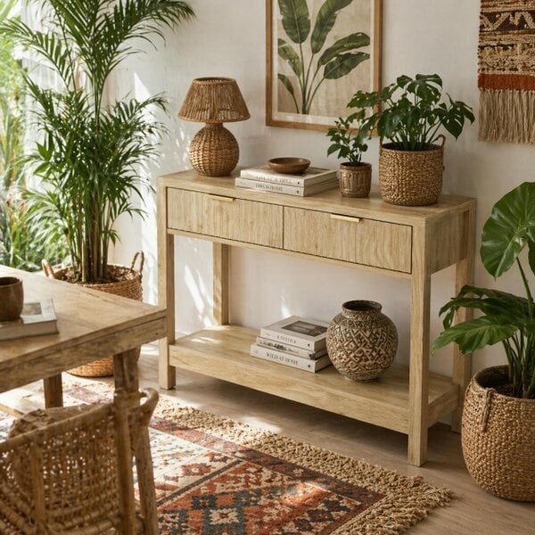 Wyld Haus Kesoyo 90cm Wooden Natural Fluted Drawer Console Table With Lower Shelf