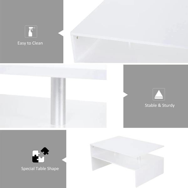 White coffee table corner with open shelf and sturdy aluminum legs