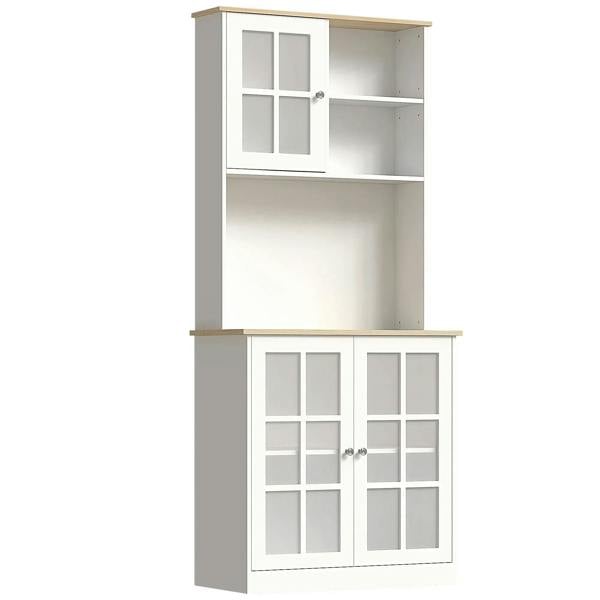 White freestanding kitchen cupboard with grid glass doors and open shelves