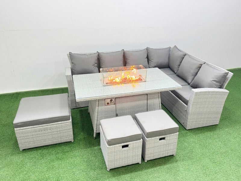 Fimous 9 Seat Rattan Garden Furniture Corner Sofa Set Outdoor Gas Fire Pit Table Set with 3 Footstools Light Grey