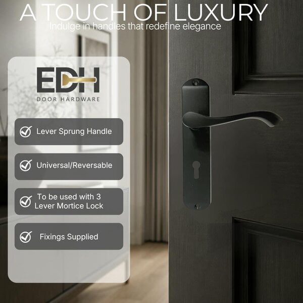 EDH Door Hardware EDH Cadenza Matt Black Victorian Scroll Door Handles – Lever Lock Backplate 178mm x 38mm
