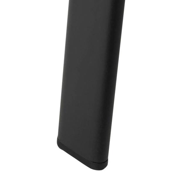 Black steel table leg with rubber protective footpad at the base
