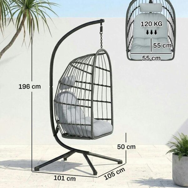 Hanging Egg Chair, Indoor Outdoor Hammock Swing Chair with Stand, Safety Strap, Foldable Basket, Dark/Light Grey