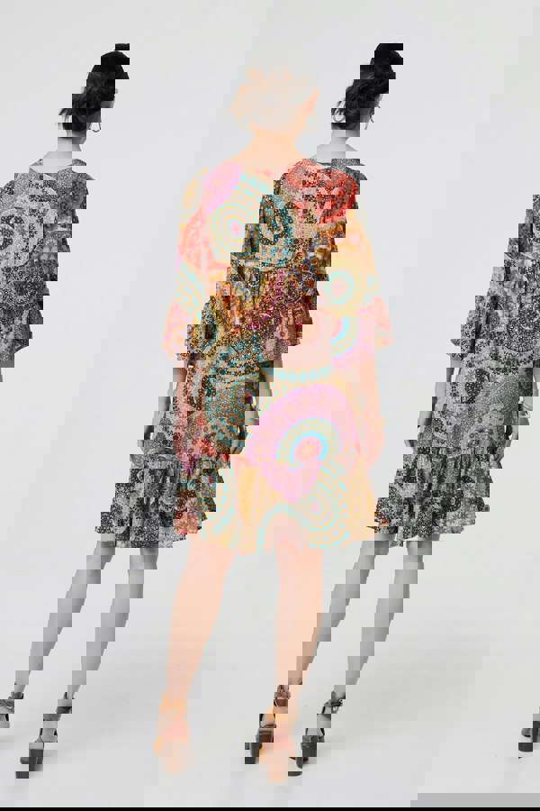 Multi Beige | Kaleidoscope Print 3/4 Sleeve Short Dress
