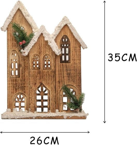 Shatchi 35cm Wooden Snow-Covered Cottage House with Warm White LED Lights for Indoor Christmas Display
