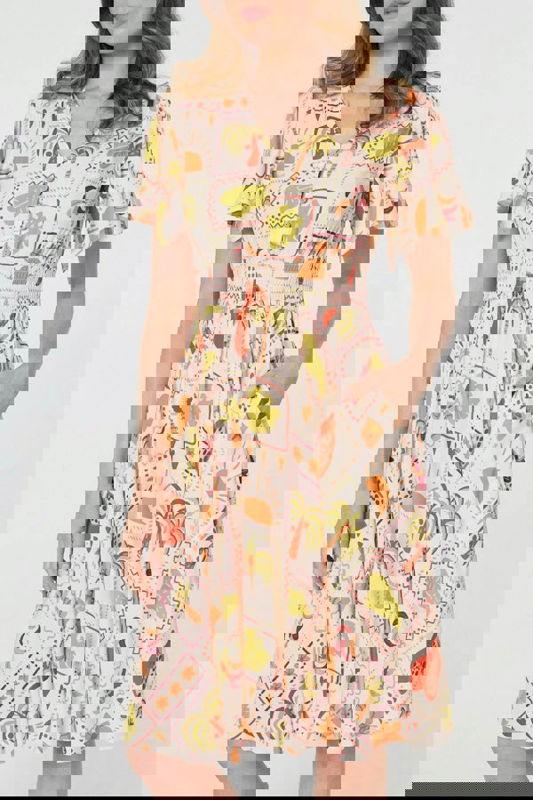 Pink | Printed V-Neck Shirred Knee Length Dress