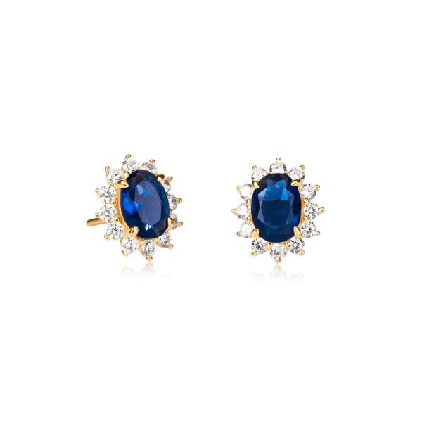 namana Gold Plated Sterling Silver Blue Cubic Zirconia Oval Halo Stud Earrings