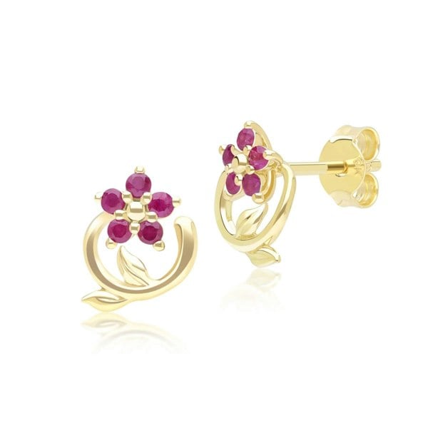 Gemondo Floral Vine Ruby Stud Earrings in 9ct Yellow Gold