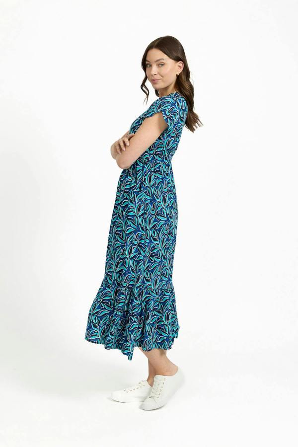 Mudflower Leaf Print Flared Button-Up Midi Dress