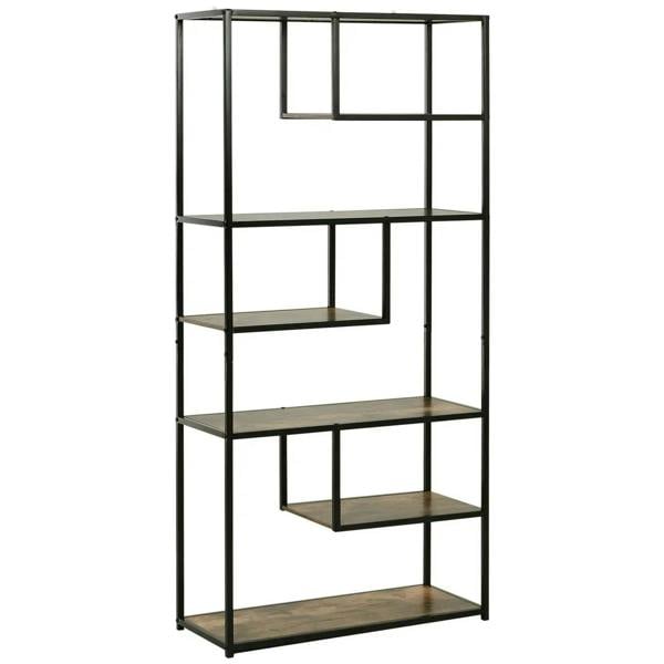 Industrial 6-tier bookcase with black steel frame and rustic brown shelves, open design