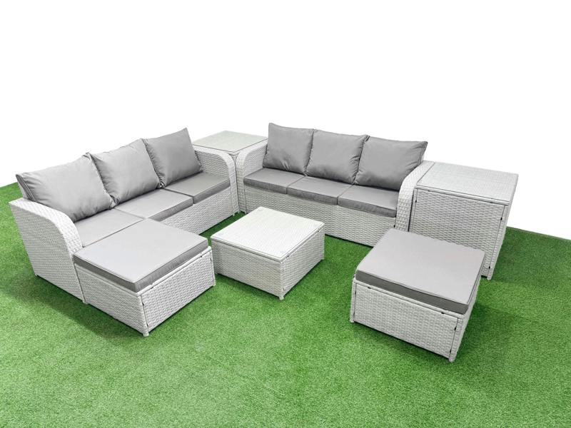 Fimous 8 Seater Patio Sofa Set, Wicker, Square Coffee Table, High Back Lounge Sofa, 2 Big Footstools and 2 Side Tables, Light Grey