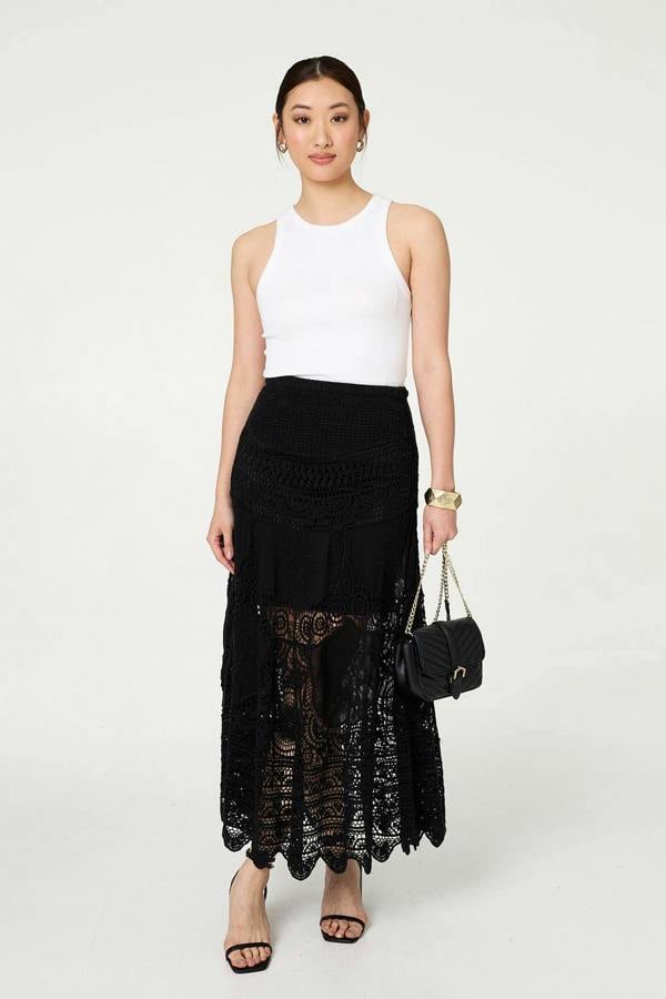 Black | Floral Crochet Mesh Layered Maxi Skirt