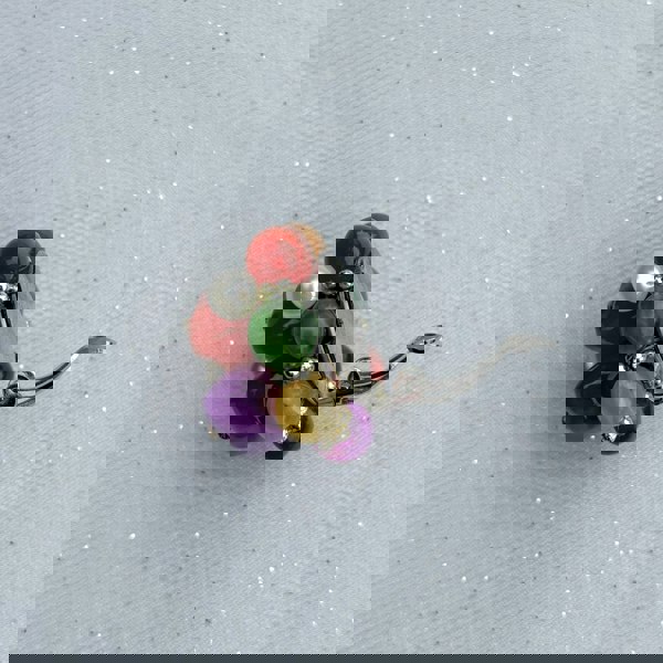 Colourful clip-on earrings, cluster bead design, orange green purple and pearl beads, gold-tone accents, bold statement jewellery, vintage-inspired accessory
