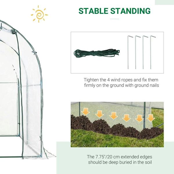 Polytunnel greenhouse ground stakes, rope ties, and reinforced bottom edge for stability