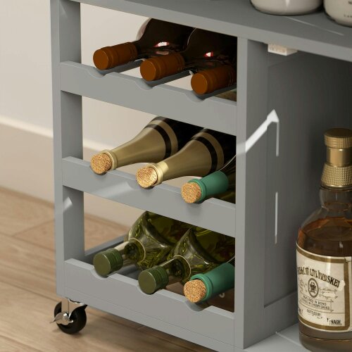 Wyld Haus Lehari Grey Wooden Rolling Kitchen Island With Drawer Wine Rack Door Cabinets And Natural Wood Top