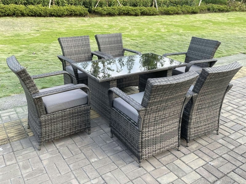 Fimous Outdoor Rattan Dining Set | 6 Wicker Chairs & Rectangular Black Glass Table