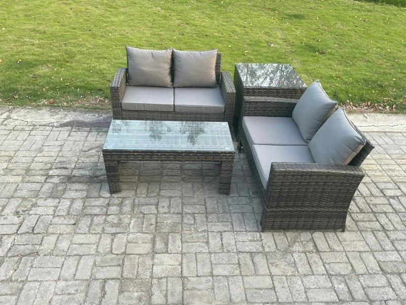 Fimous 4-Piece Poly Rattan Garden Furniture Set - Dark Grey Mixed Outdoor Patio PE Wicker Set with Loveseat & Table