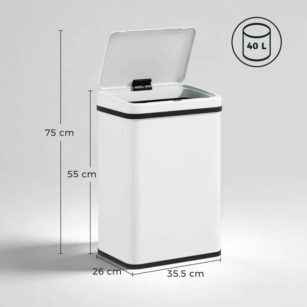 40L Sensor Bin with Soft-Close Lid, Stainless Steel Automatic Touchless Motion Sensor Kitchen Bin, White