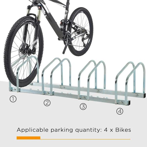 Silver 4-spot bicycle parking rack showing four bike wheel cradles