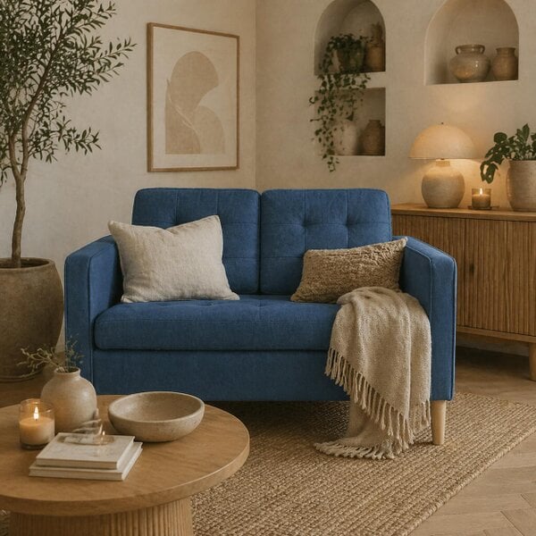 Wyld Haus Vanasu Blue Compact 2 Seater Sofa With Hidden Storage Tufted Seat