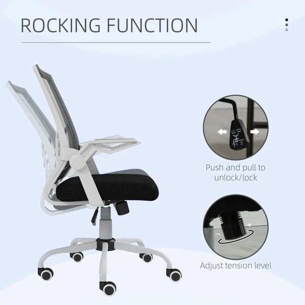 Black mesh office chair with padded seat, flip-up armrests, and rocking posture