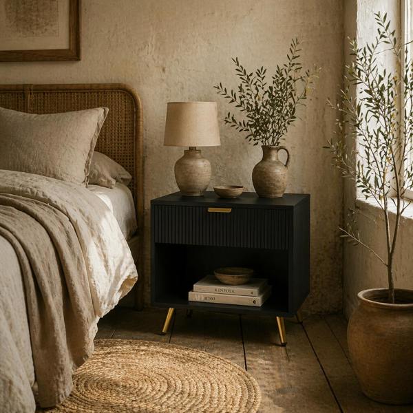 Wyld Haus Hana Bano Black And Gold Tone Elegant Bedside Table With Ribbed Drawer And Shelf