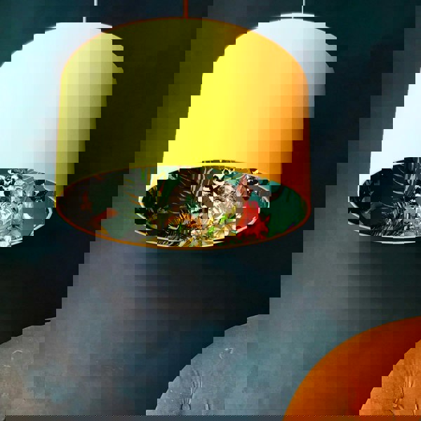 Love Frankie Kooky Lemur Lampshade, teal lemur wallpaper and egg yolk yellow cotton