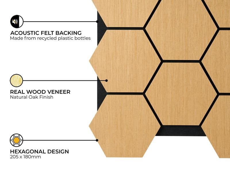 Fuse Acoustic Wooden Hexagon Wall Panel in Natural Oak