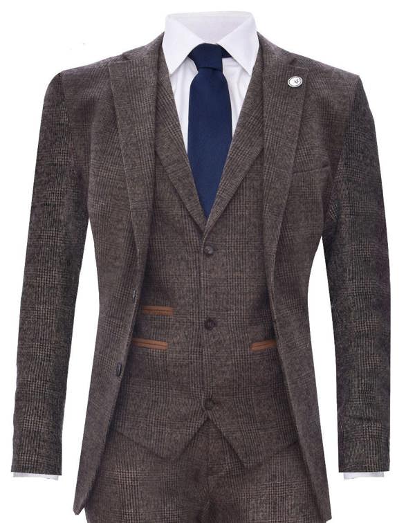 TruClothing Men's 3 Piece Brown Herringbone Tweed Suit