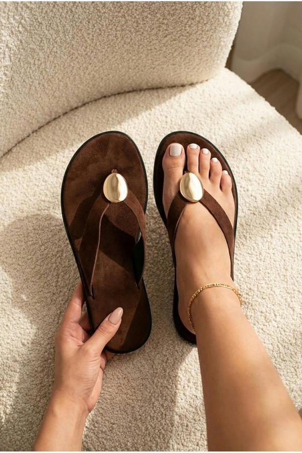 Thea Womens Gold Trim Thong Flat Sandals - ALIEN