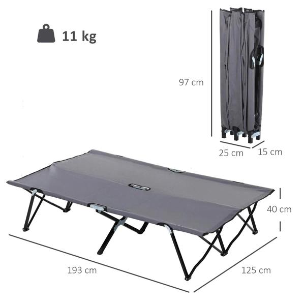 Grey double camping cot bed with foldable black steel legs and fabric top