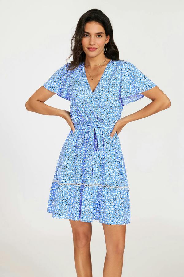 FS Collection Wrap Top Floral Print Hem Mini Dress In Blue