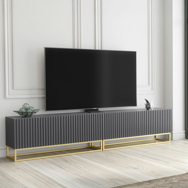 Mex Furniture Modular Grey TV Unit with Gold Base 200cm – Fluted Fronts & Push-Down Doors