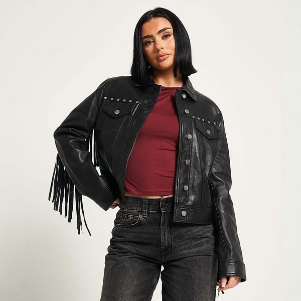 Barneys Originals Women's Leather Tassel Biker Jacket