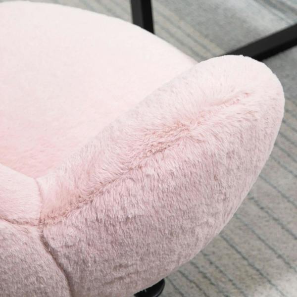 Pink fluffy chair arm and seat upholstery detail with rolling caster base