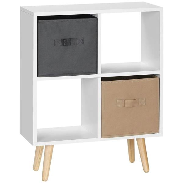 White freestanding 4-cube storage cabinet with black and tan fabric drawers on legs