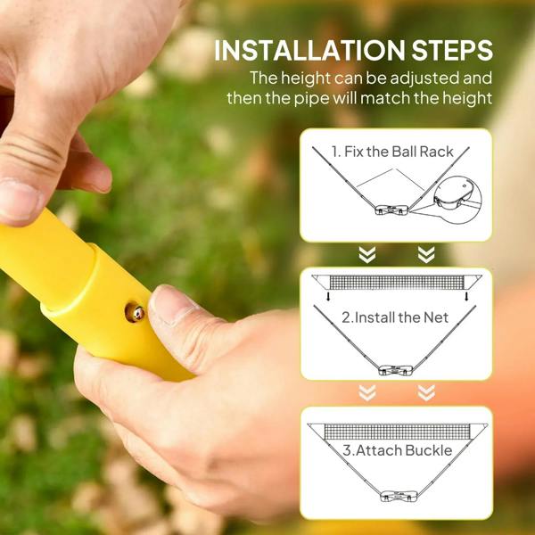 Hand attaching badminton net to portable base with yellow strap and blue corner hardware