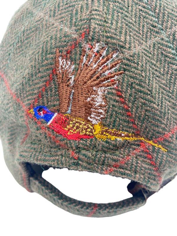 Flying pheasant embroidery on rear of tweed baseball cap