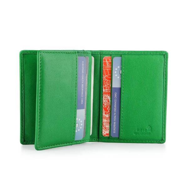 Green wallet with cards inside on a white background