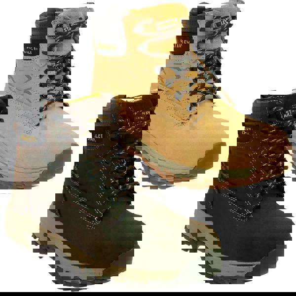 Stanley Tradesman Mens Steel Toe/Midsole Safety Work Boots, sturdy tan and dark brown safety work boots with reinforced steel toes and midsole for protection, and slip-resistant rubber soles for stability.
