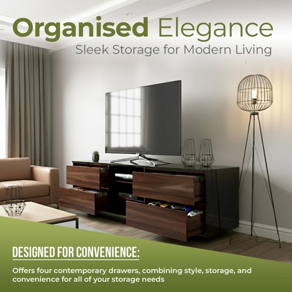 Centurion Supports AVITUS High Gloss Black with 4-Walnut Drawers for 32"-65" LED/OLED/LCD TV Cabinet - FULLY ASSEMBLED
