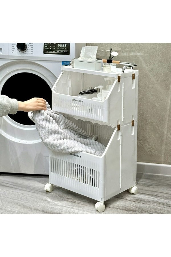 Living and Home 3-Tier Rolling Laundry Basket Hamper Cart with Holder Shelf