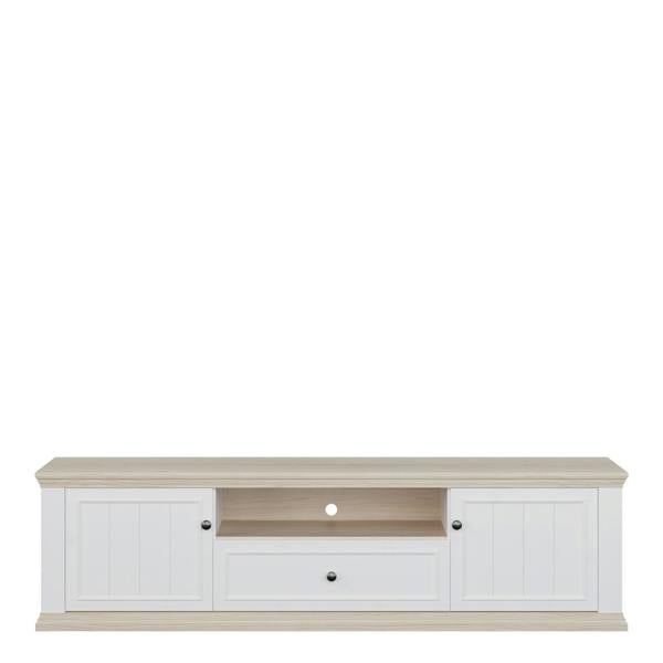 Furniture To Go Pontypool Wide TV Unit with 2 Doors, Drawer & Open Shelf in White and Riva Oak