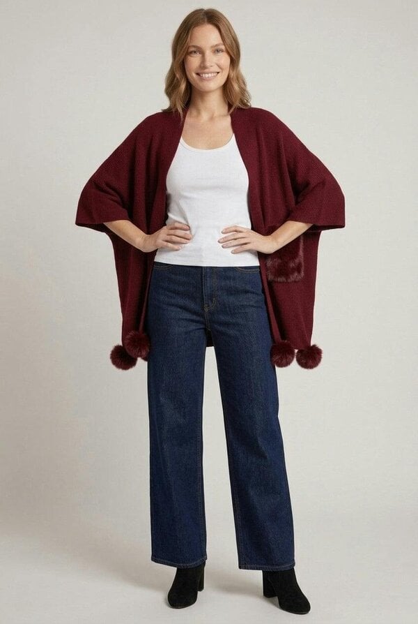 Izabel London Faux Fur Trim Tie Front Relaxed Poncho