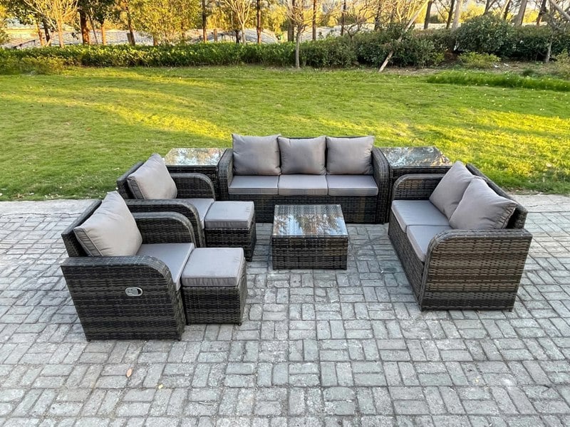 Fimous 9 Seater Garden Furniture Set Rattan Outdoor Lounge Sofa Chair With Tempered Glass Table 2 Small Footstools 2 Side Tables Dark Grey Mixed