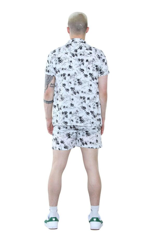 Men's Black and White Floral Co-Ord Set - Shirt and Shorts