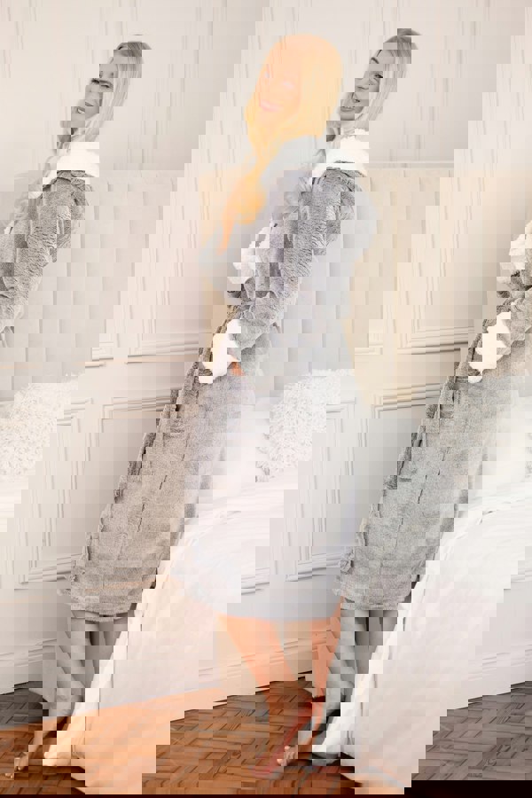 Camille Womens Dark Grey Deep Pile Full Length Fleece Bathrobe with Sherpa Lined Hood & Cuffs