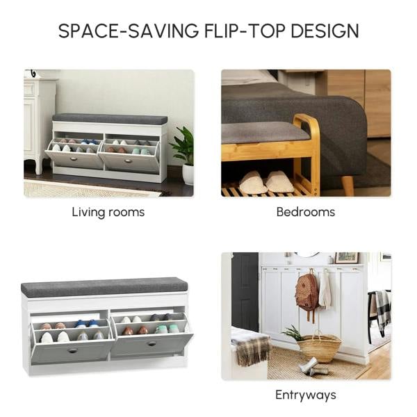 Shoe storage bench with flip-top seat design showing compartments underneath