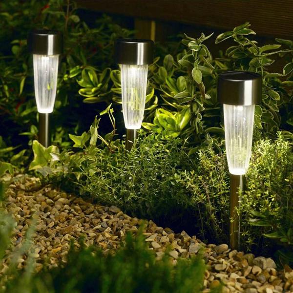 3 x Stainless Steel Fluted Solar Stake Lights Dusk To Dawn Path Feature Light
