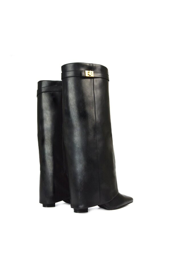 XY LONDON Block Heel Knee High Foldover Boots With Pointed Toe